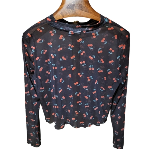 Asos Black Cherry Mesh Sheer Long Sleeve Ruffled Hem Cropped Shirt Size 14 - Picture 3 of 6